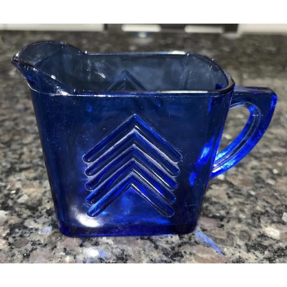 Cobalt Blue Chevron Depression Glass Pitcher Creamer by Hazel Atlas Art Deco Vtg